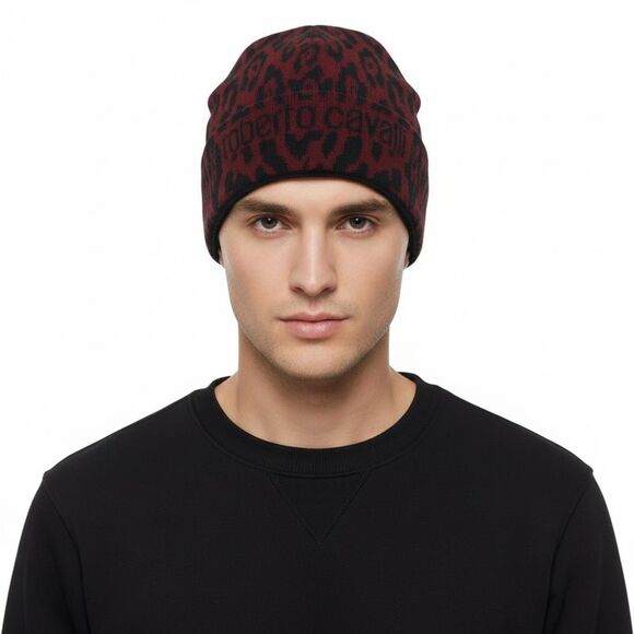 Roberto CavalliESZ026 02000 Maroon Jaguar Beanie Hat